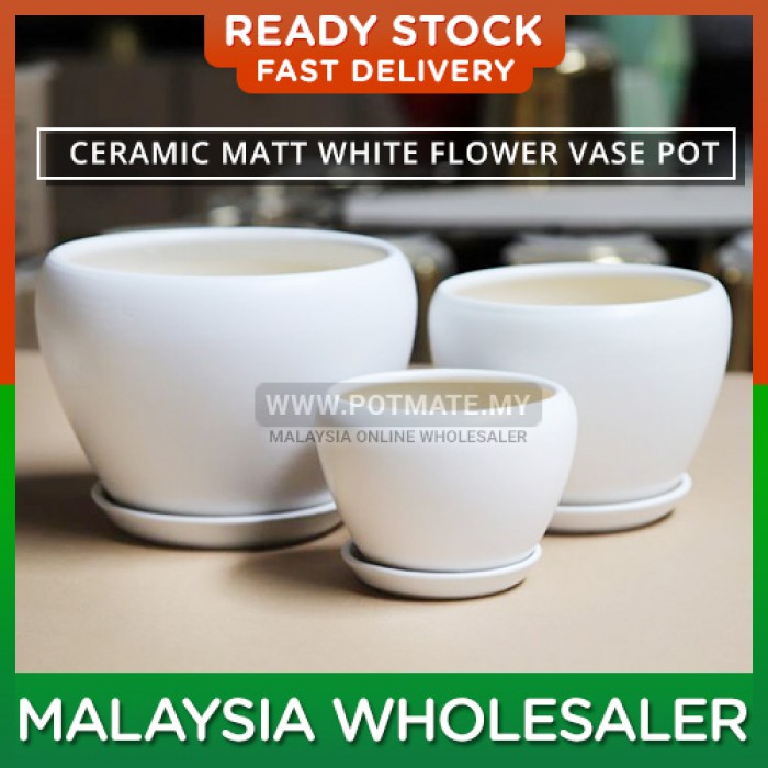 (Large) - Ceramic Matt White Flower Vase Pot Plant Home Minimalist Garden Indoor Outdoor Garden