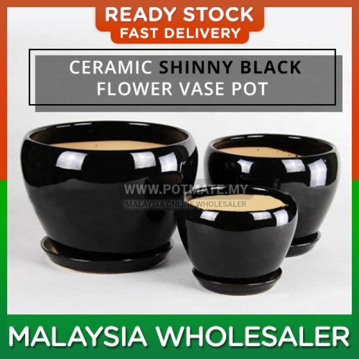 (Medium) - Ceramic Shinny Black Flower Vase Pot Plant Home Minimalist Garden Indoor Outdoor Garden