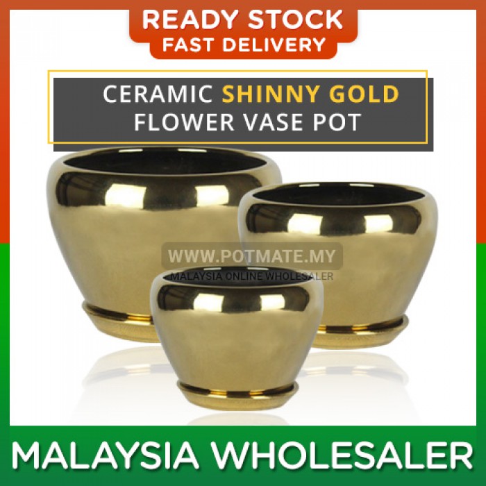 (Large) - Ceramic Shinny Gold Flower Vase Pot Plant Home Minimalist Garden Indoor Outdoor Garden