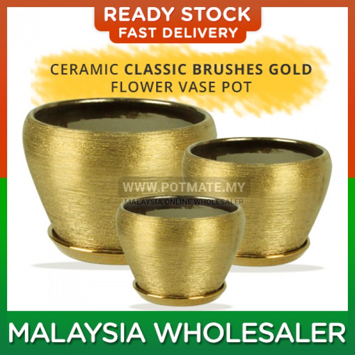 (Small) - Ceramic Classic Brushes Gold Flower Vase Pot Plant Home Minimalist Garden Indoor Outdoor Garden