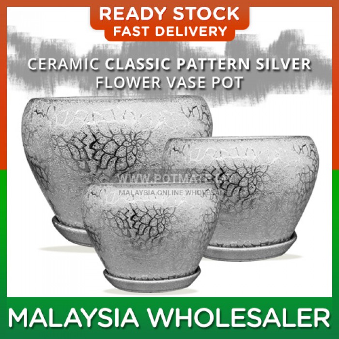 (Medium) - Ceramic Classic Pattern Silver Flower Vase Pot Plant Home Minimalist Garden Indoor Outdoor Garden