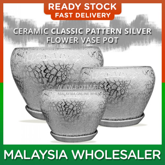 (Large) - Ceramic Classic Pattern Silver Flower Vase Pot Plant Home Minimalist Garden Indoor Outdoor Garden