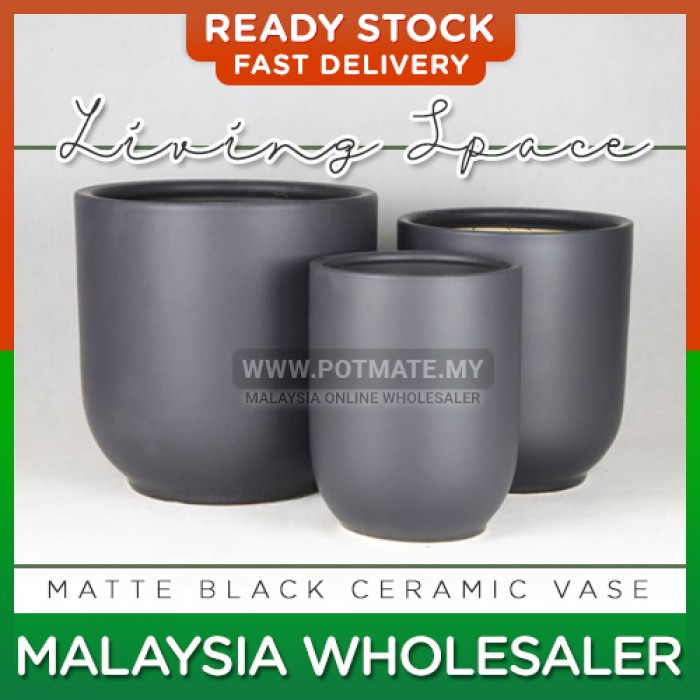 (Big) - Living Space Matte Black Ceramic Style Flower Pot Green Home Flower Pot Garden Indoor Outdoor Display