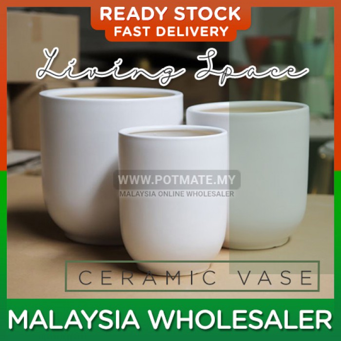 (Small) - Living Space Matte White Ceramic Style Flower Pot Green Home Flower Pot Garden Indoor Outdoor Display