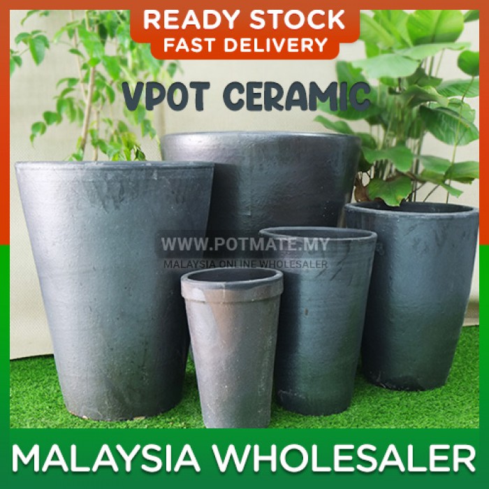 30cm - VPot Black Ceramic Shape Flower Pot Indoor Outdoor Garden Landscape Decoration