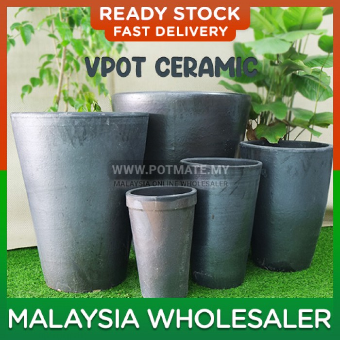 36cm - VPot Black Ceramic Shape Flower Pot Indoor Outdoor Garden Landscape Decoration