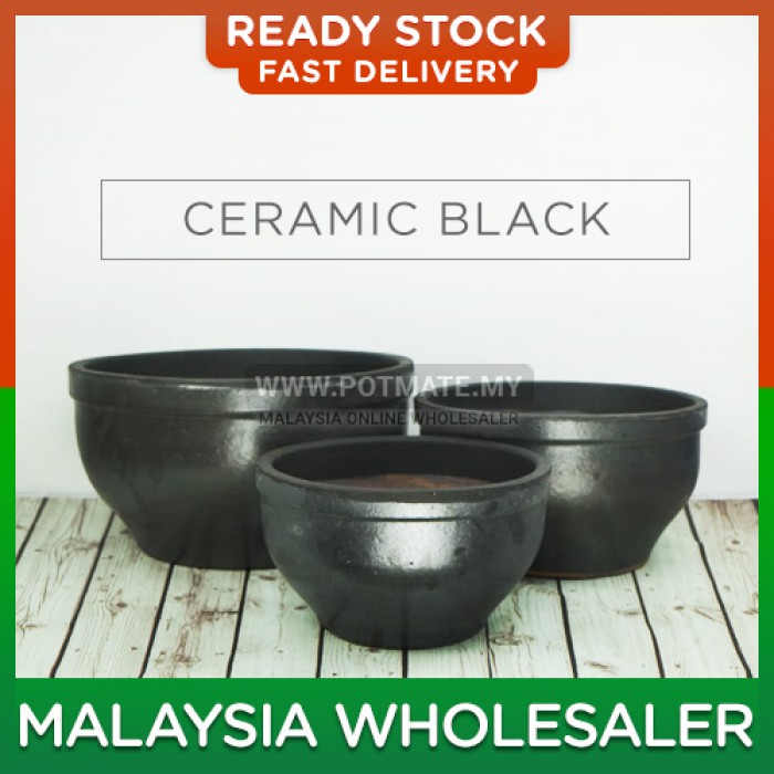 46cm - B Pot Ceramic Black Bowl Shape Flower Pot Indoor Outdoor Garden Landscape Decoration